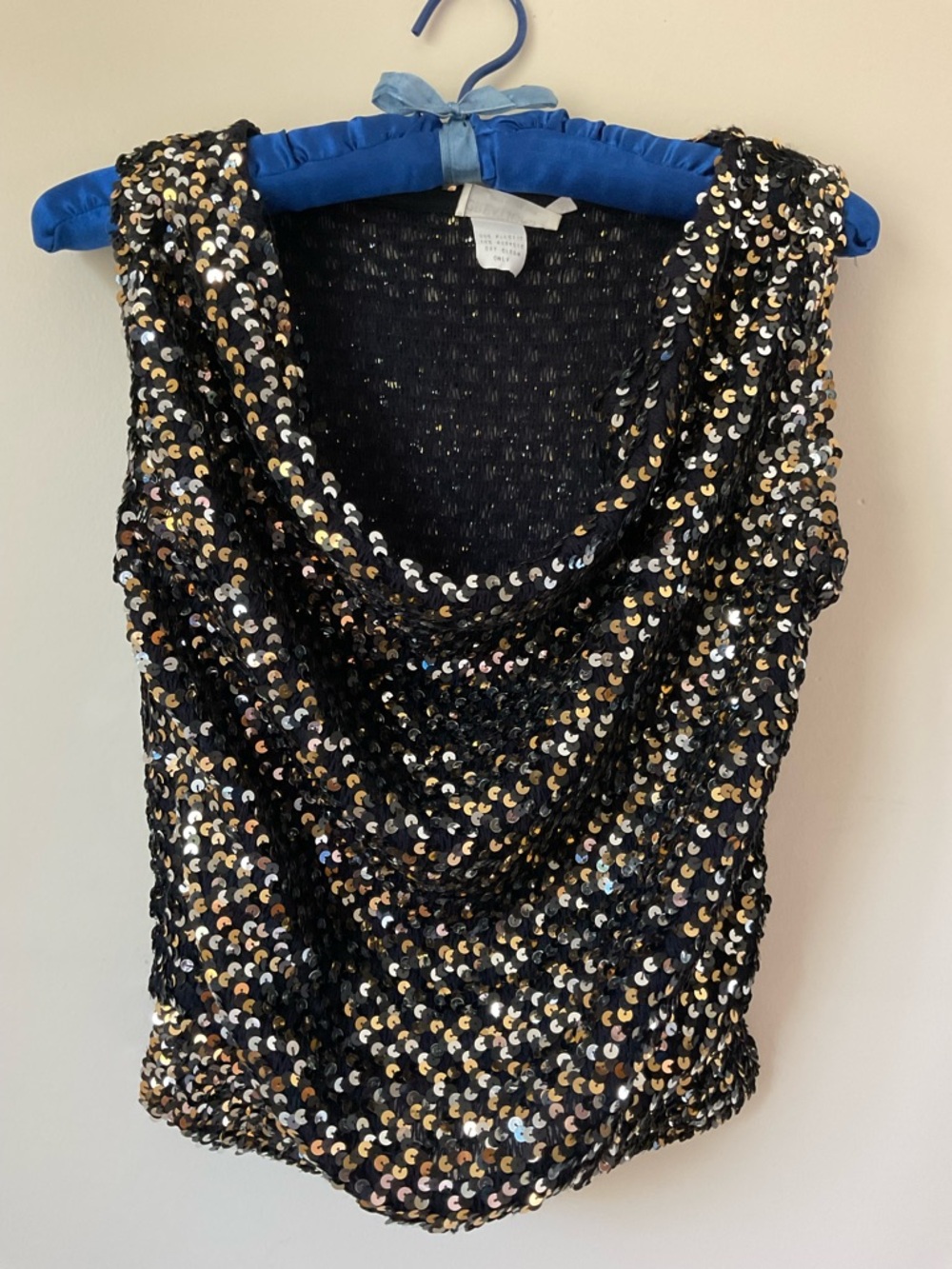 Vintage nyc USA Sequin Draped Cowl Neck Top Black silver Gold 17” by 19”